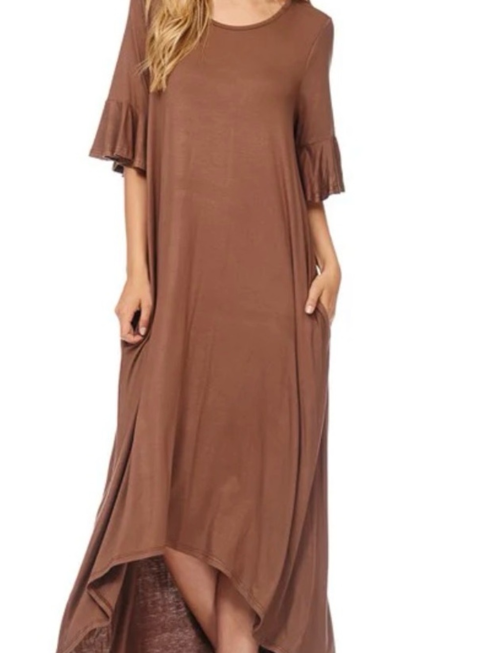7th Ray Brown High-Low Ruffle-Sleeve Maxi Dress
